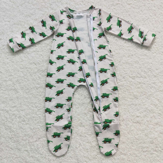 Green Car Baby Romper With zipper
