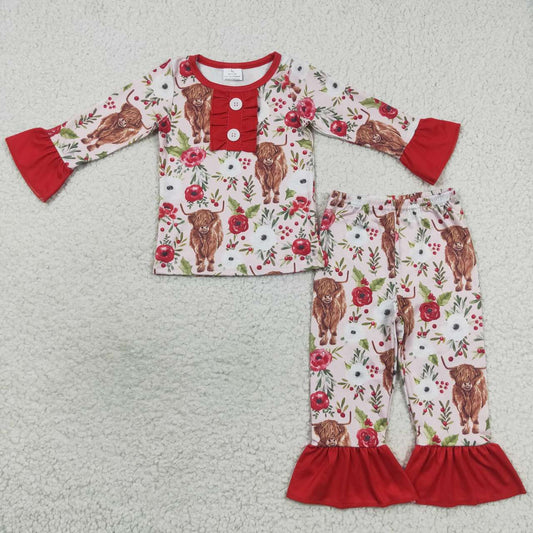 Red highland cow long sleeve girls pajamas