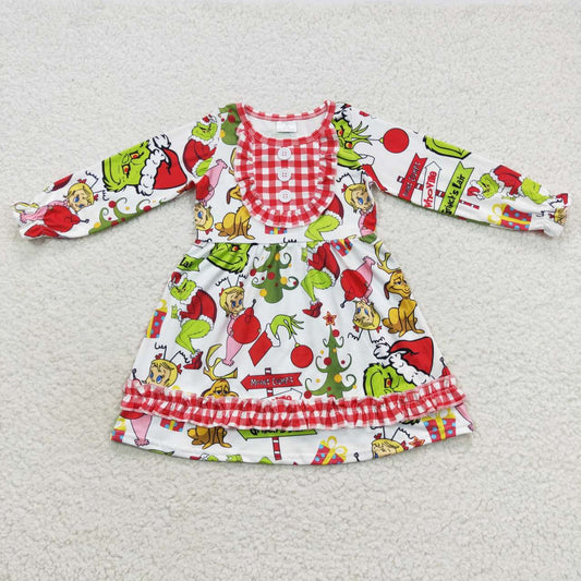 Christmas Green Cartoon Pattern Long Sleeves Dress