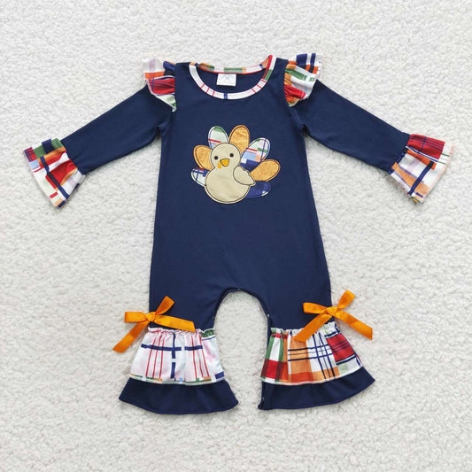 Thanksgiving Day Navy Embroidered Turkey long sleeves Girls romper