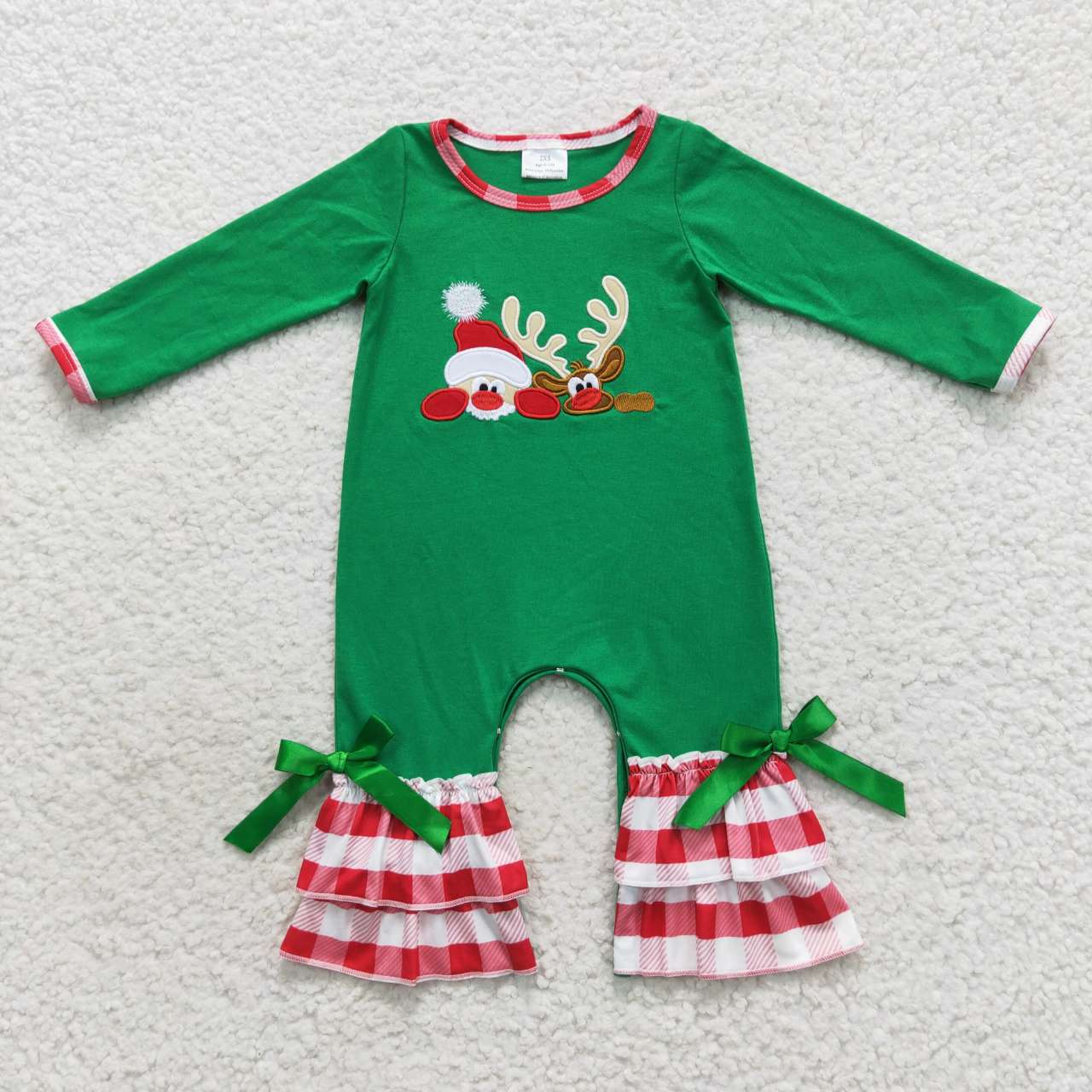 Christmas Green Embroidery Snowman Deer Baby Girls Romper