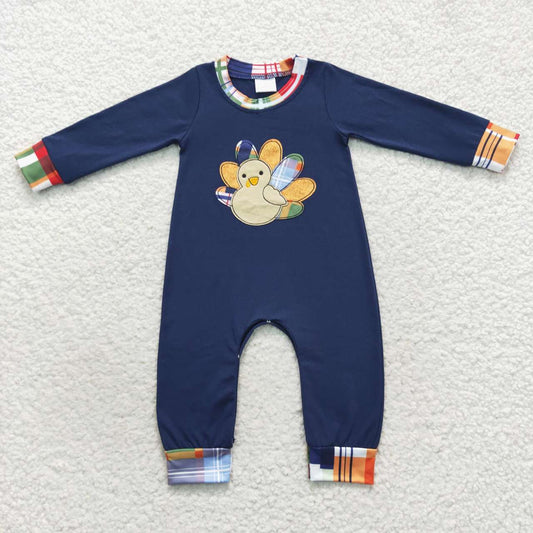 Thanksgiving Day Navy Embroidered Turkey long sleeves Boy romper