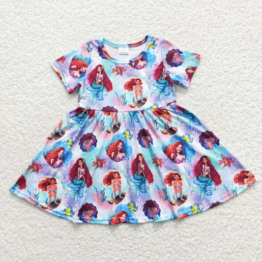Blue Mermaid Cartoon Girls Dress