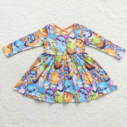 Halloween Pumpkin Pattern Cartoon Long Sleeve Girls Dress