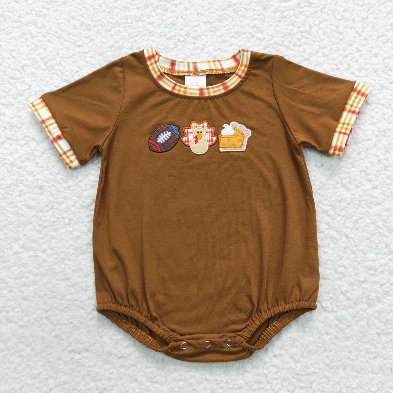 Thanksgiving Day Brown Embroidered Turkey Boy Baby Romper