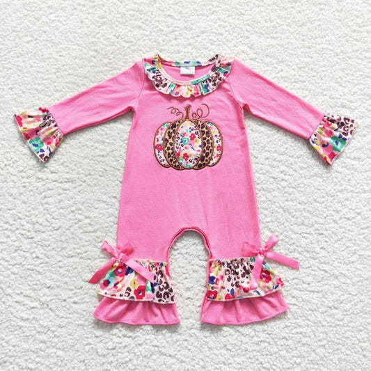 Fall Embroidered Leopard Pumpkin Baby long Romper