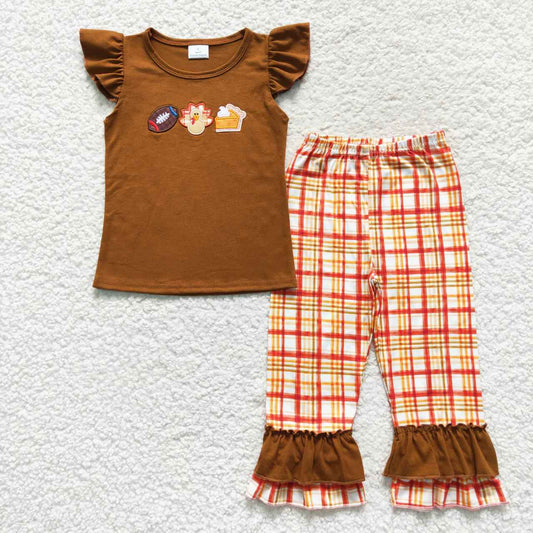 Thanksgiving Day Brown Embroidered Turkey Girls Outfits