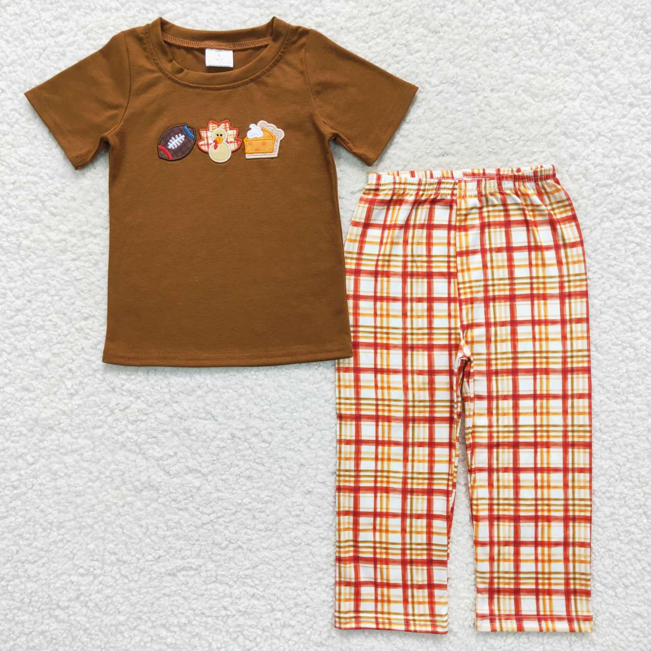 Thanksgiving Day Brown Embroidered Turkey Boy Outfits