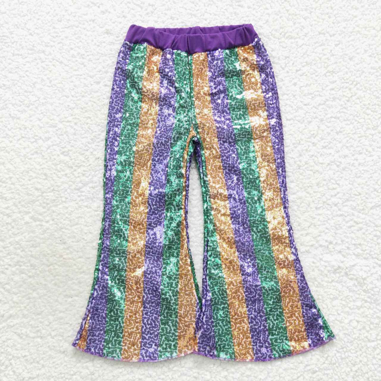 Colorful Purple Green Yellow Stripe Sequined bell pants