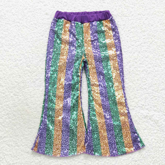 Colorful Purple Green Yellow Stripe Sequined bell pants