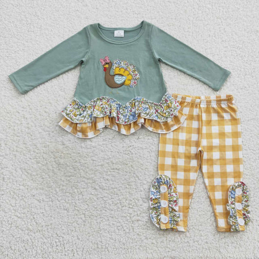 Thanksgiving Turkey Plaid Pants Girls Long Sleeve Suit