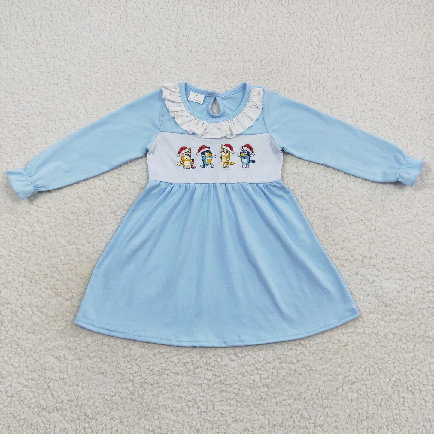 Christmas Embroidery Blue Dog Cartoon Long Sleeves Dress