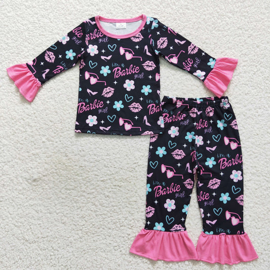 Pink Black Cartoon long-sleeved Ruffle Pants pajamas