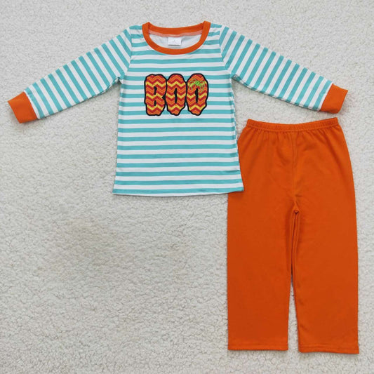 Halloween Orange Boo Embroidered Long Sleeve Boy Suit