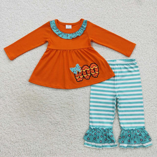 Halloween Orange embroidery Boo girls set