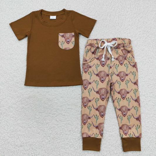 Brown Western highlandCow Print Pattern Boy Set