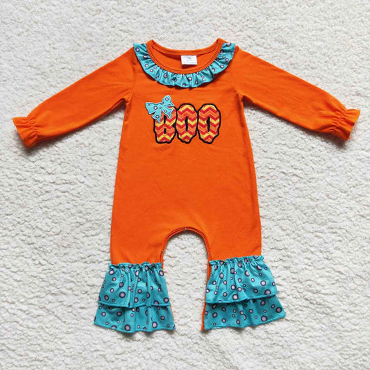 Halloween Embroidery Orange Boo Long Sleeve Romper