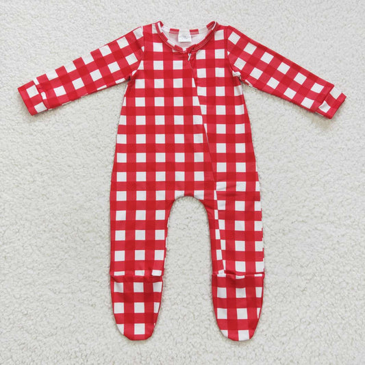 Red and white plaid Baby Romper With zipper