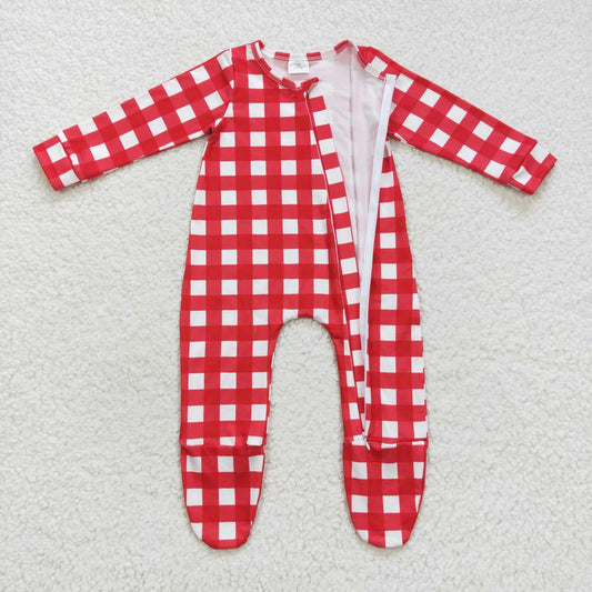 Red and white plaid Baby Romper With zipper