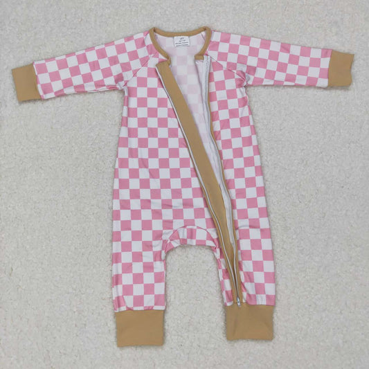 Pink Plaid Baby Romper With zipper