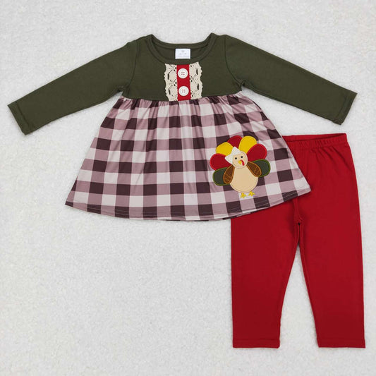 Thanksgiving Embroidery Turkey Plaid Long Sleeve Girls Pant Set