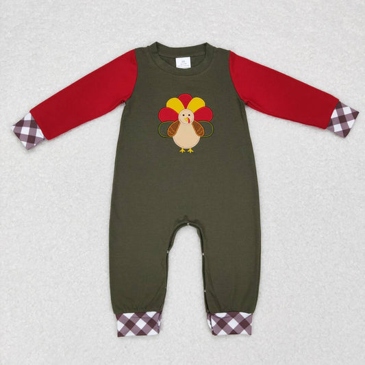 Thanksgiving Embroidery Turkey Plaid Boy Romper