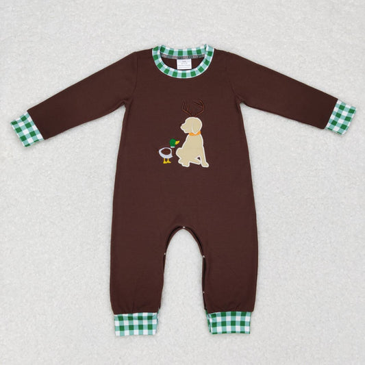 Brown duck Dog Green Plaid Boy Baby Romper