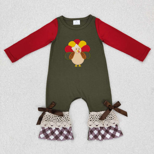 Thanksgiving Embroidery Turkey Plaid Girls Romper