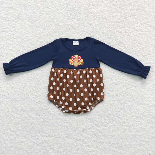 Thanksgiving Day Navy Embroidered Turkey long sleeves Girls romper