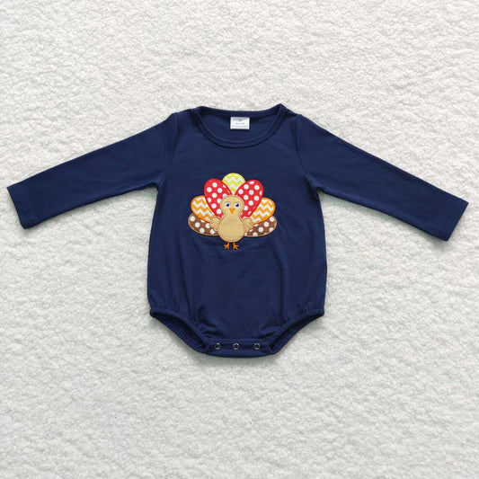 Thanksgiving Day Navy Embroidered Turkey long sleeves Boy romper