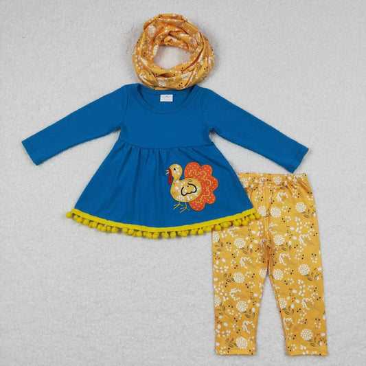 thanksgiving turkey Blue Embroidered Cotton Flowers Girls Outfts