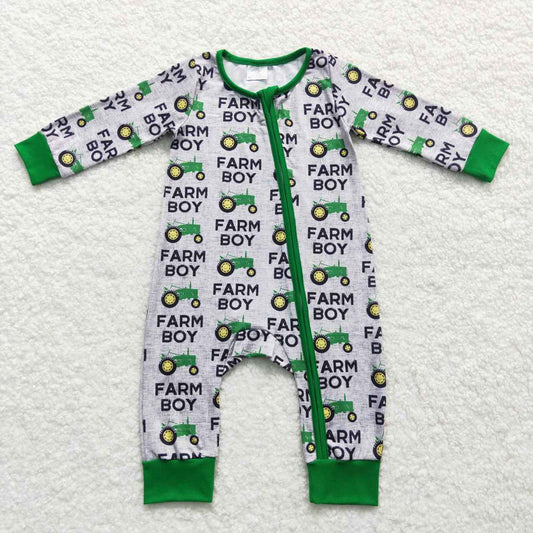 Green Farm Boy Baby Romper With zipper