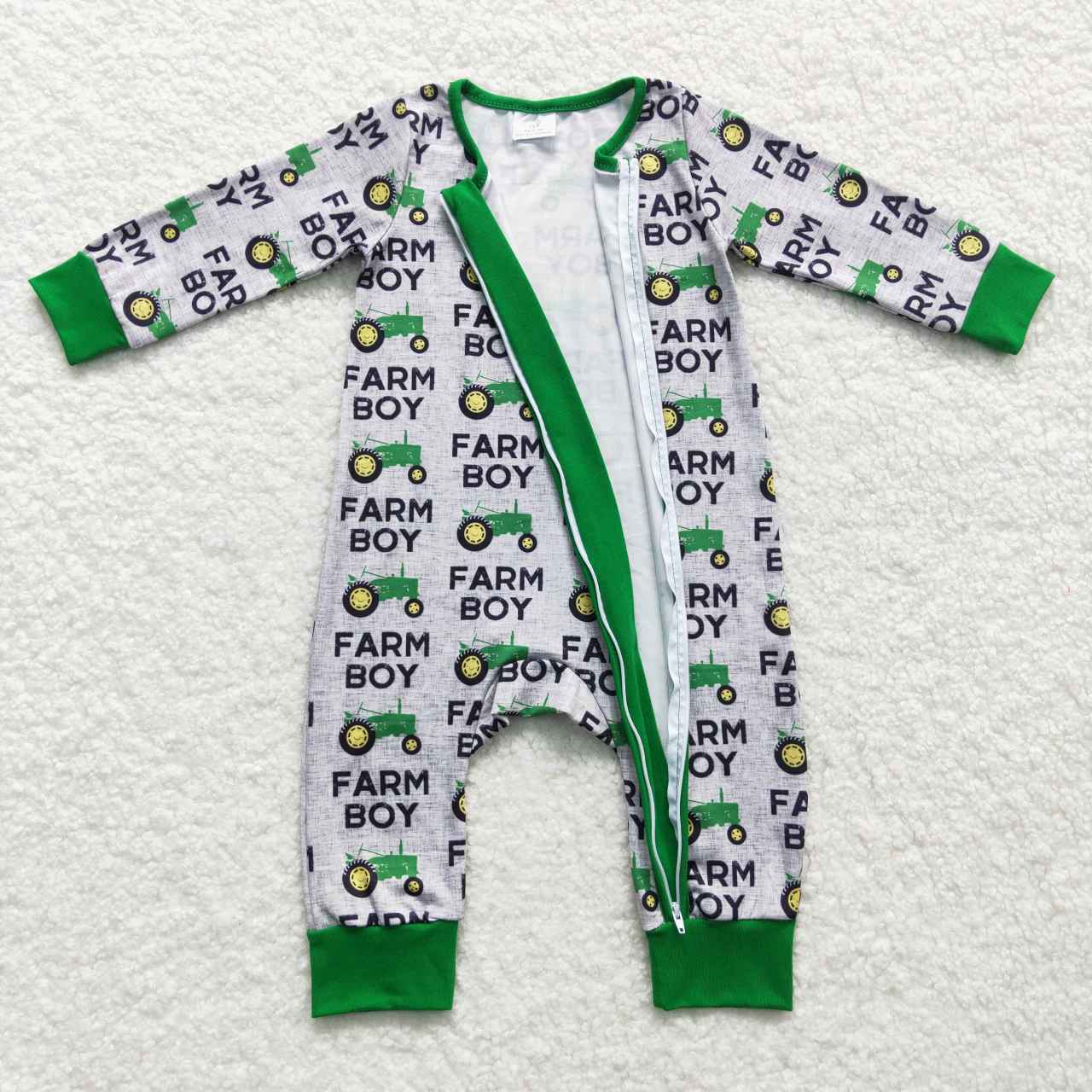 Green Farm Boy Baby Romper With zipper