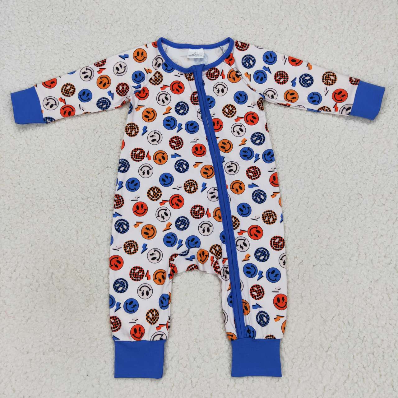 Blue Smile Print Baby Romper With zipper