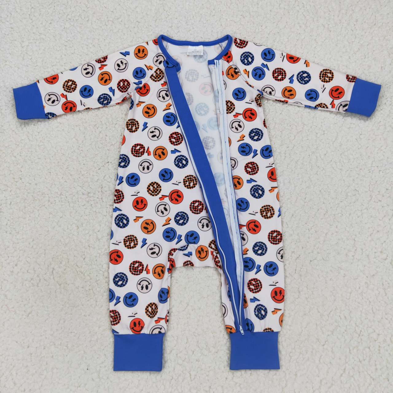 Blue Smile Print Baby Romper With zipper