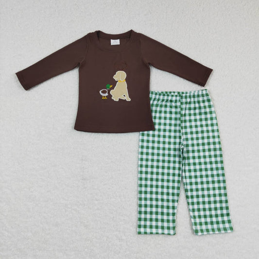 Brown duck Dog Green Plaid Boy Set Outfits