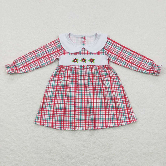 Floral Embroidery Green Red plaid Girls Dress