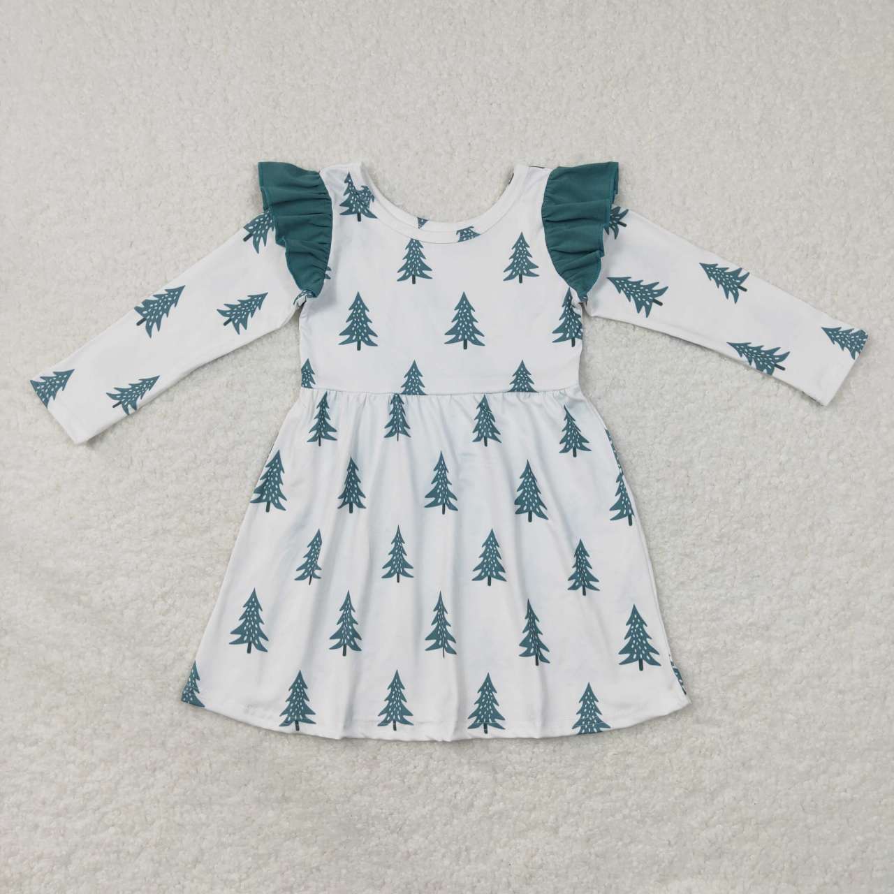 Christmas Tree Print Ruffle Long Sleeve Dress