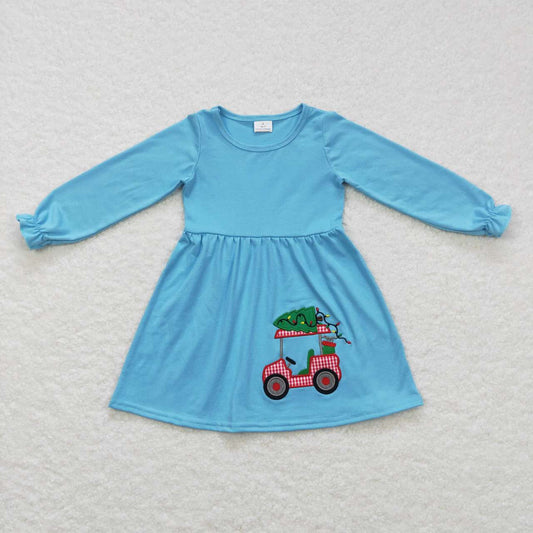 Christmas Blue cotton car embroidery long sleeve Dress