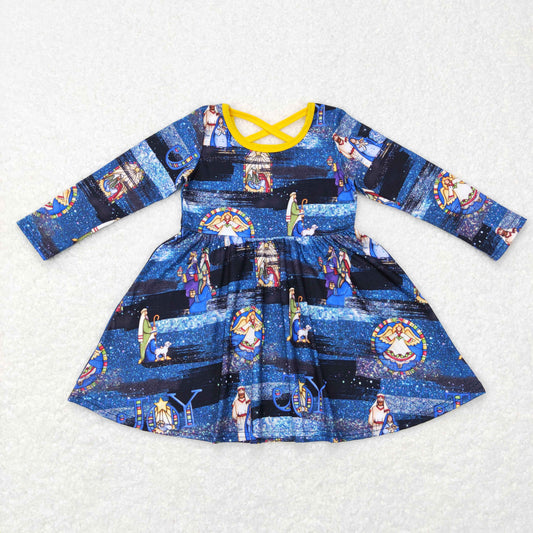 Christmas Blue Cartoon Long Sleeves Dress