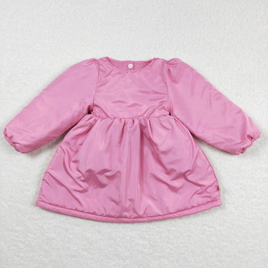 Solid Pink Cotton Long Sleeve Girls Dress