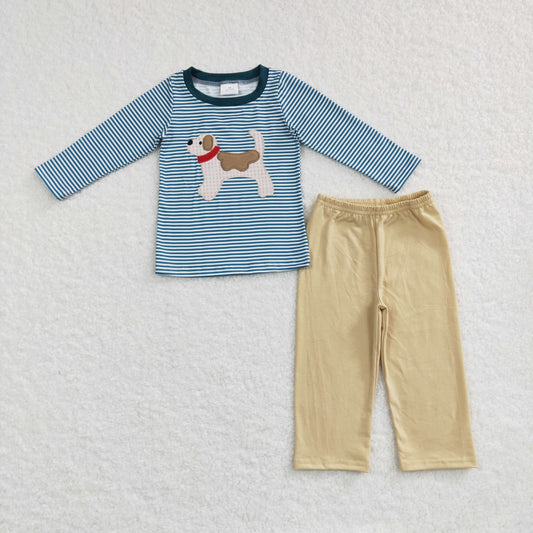 Blue Stripe embroidery Dog Print Boy Set