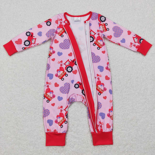 Valentine's Day Pink Car Print long sleeves romper