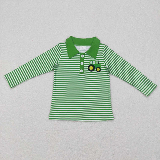 Green Stripe Car With Button Boy Shirt
