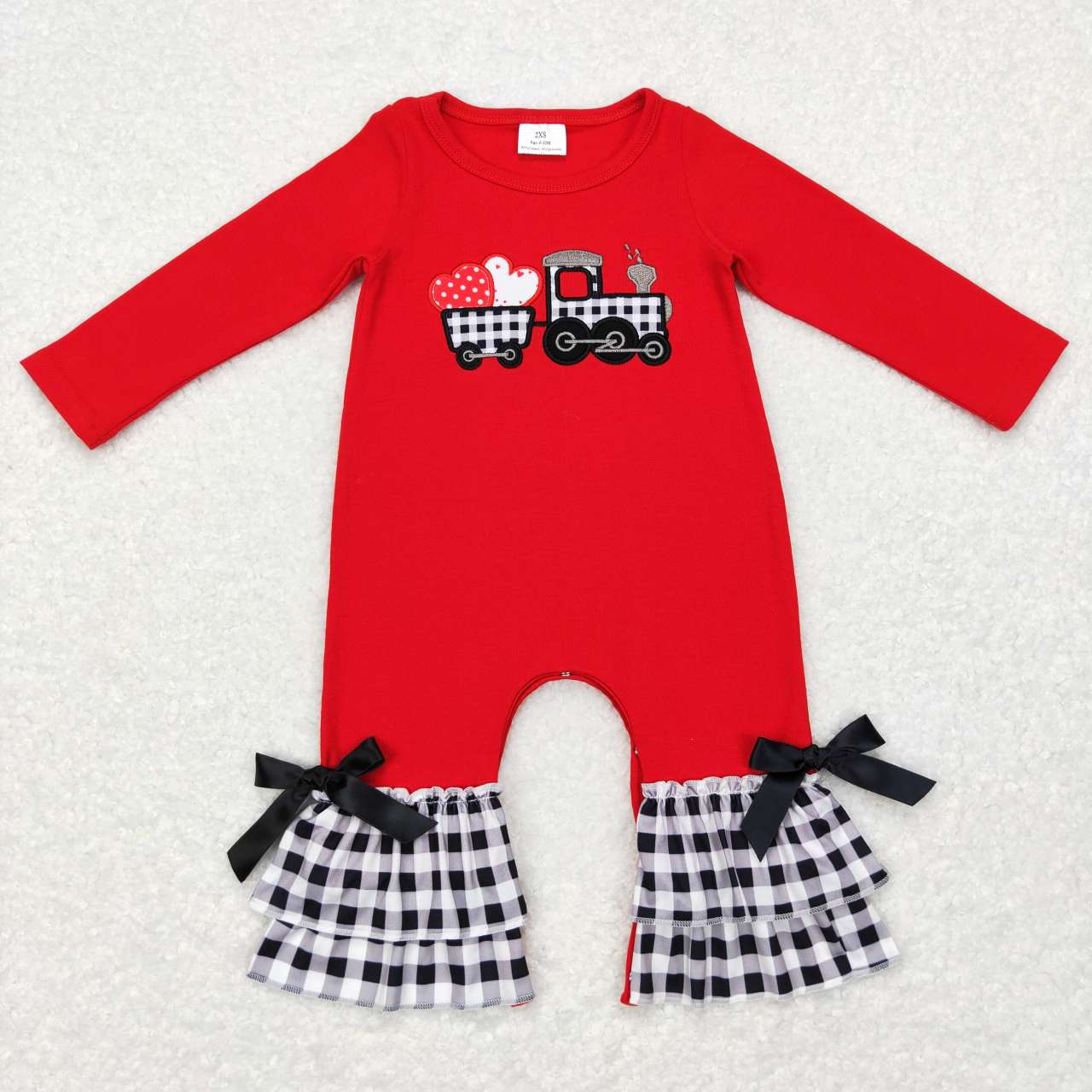 Valentine's Day Embroidery Red Heart Car Plaid Print long sleeves romper