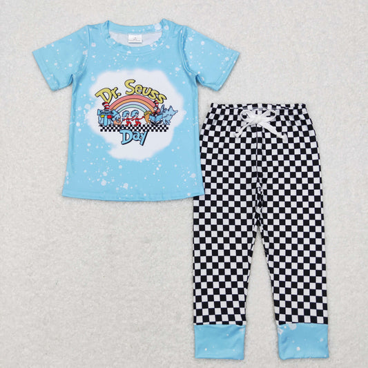 Blue Rainbow Cartoon Print Pants Girls Set