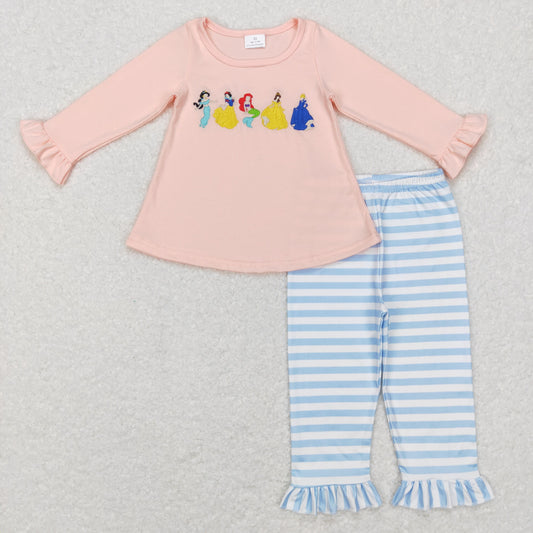 Fall Outfits Embroider Princess Print Stripe Girls Set