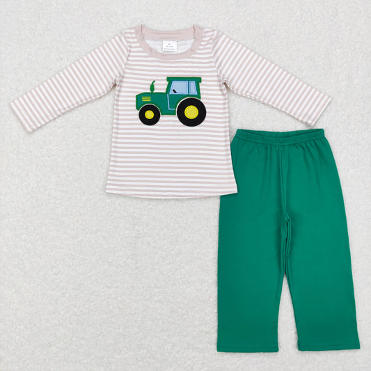 Fall Outfits Embroider brown Stripe Car Print Boy Set