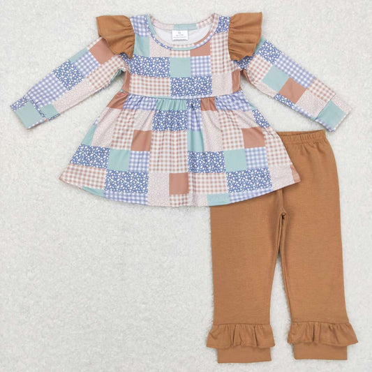 Fall floral plaid long sleeve Brown Pants Set
