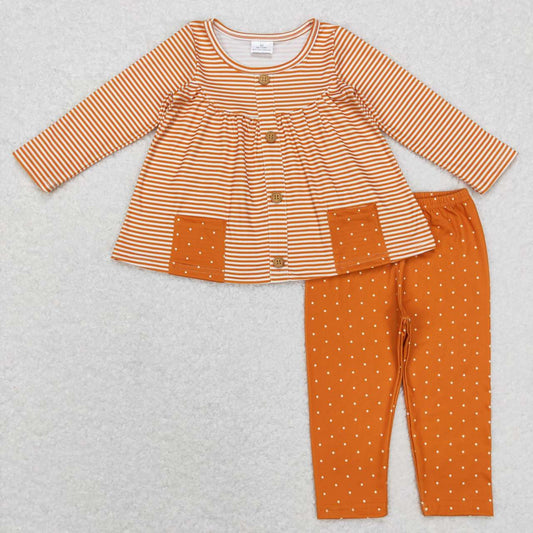 Fall Orange Stripe With Pocket Long Sleeve Pants Set